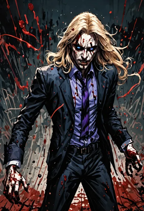 (masculine), (horrifying,shocking),blood-spattered man, male covered in blood,long flowing blond hair, , ((paled skin)) ,expressive eyes,dramatic lighting,gritty and intense,horror portrait,violent,splattered blood,dark and haunting background,close-up of ...