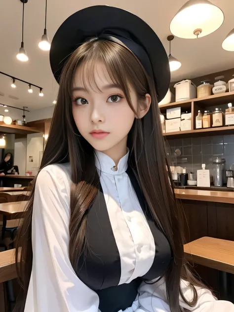 １woman　(She poses in a cafe, showing as much hair as possible.:1.5)　((Black and white maid dress and a hat, Maid outfit, Maiddress, Catboy Cosplay! Maid! dress, anime girl in a Maid costume, Maid costume, anime cat girl in a Maid costume, black gothic loli...