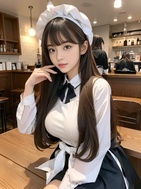 １woman　(She poses in a cafe, showing as much hair as possible.:1.5)　(Waist up shot)　((Black and white maid dress and a hat, Maid outfit, Maiddress, Catboy Cosplay! Maid! dress, anime girl in a Maid costume, Maid costume, anime cat girl in a Maid costume, b...