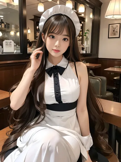 １woman　(She poses in a cafe, showing as much hair as possible.:1.5)　(Waist up shot)　((Black and white maid dress and a hat, Maid outfit, Maiddress, Catboy Cosplay! Maid! dress, anime girl in a Maid costume, Maid costume, anime cat girl in a Maid costume, b...