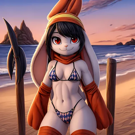 masterpiece, best quality, detailed, pov, 1girl, raboot, smug, red eyes, black fur, black hair, rabbit ears, white bikini, standing, at the beach, ocean background, dusk,