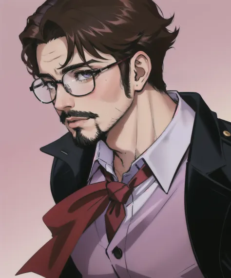 (lineart:1.31), 1boy, black-framed eyewear, dark blonde hair, BREAK purple collared shirt, facial hair, glasses, male focus, mole, realistic, red shirt, round eyewear, shirt, solo