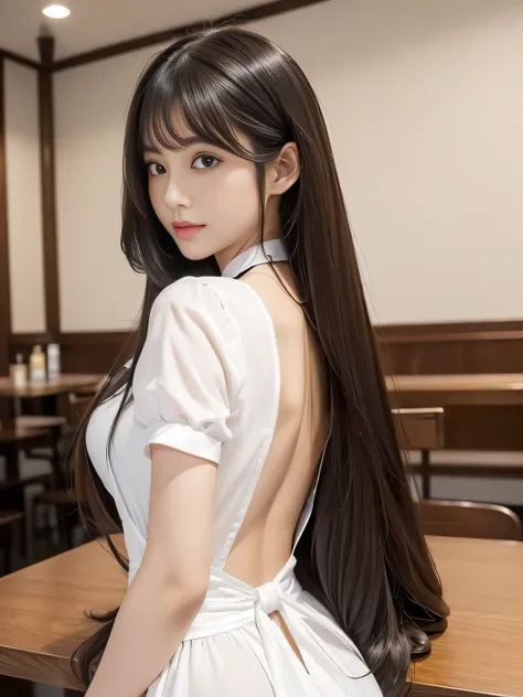 １woman　(She poses in the cafe, exposing as much of her back and hair as possible.:1.5)　(Waist up shot)　((Black and white maid dress and a hat, Maid outfit, Maiddress, Catboy Cosplay! Maid! dress, anime girl in a Maid costume, Maid costume, anime cat girl i...