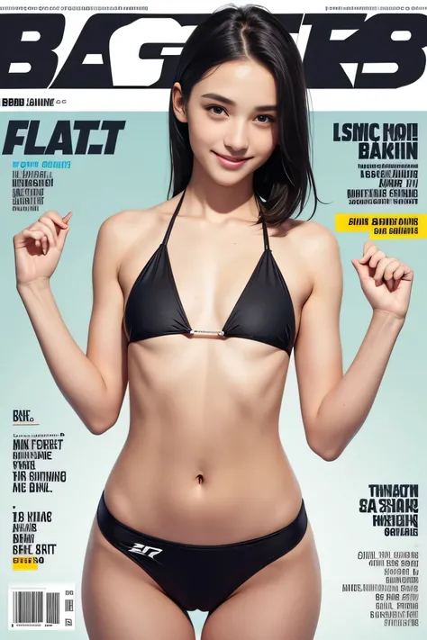 sports magazine cover, young european girl, 16yo, (low cut bikini), (flat chest:1.5), perfect body, smile, full body, thigh gap:1.4, black hair