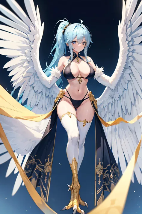 4k,High resolution,One Woman,Harpy,Light blue hair,Long Ponytail,Big Breasts,White Wings,Golden toenails,Queen,Black Bikini,High leg,Queen&#39;s Crown,Jewelry decoration