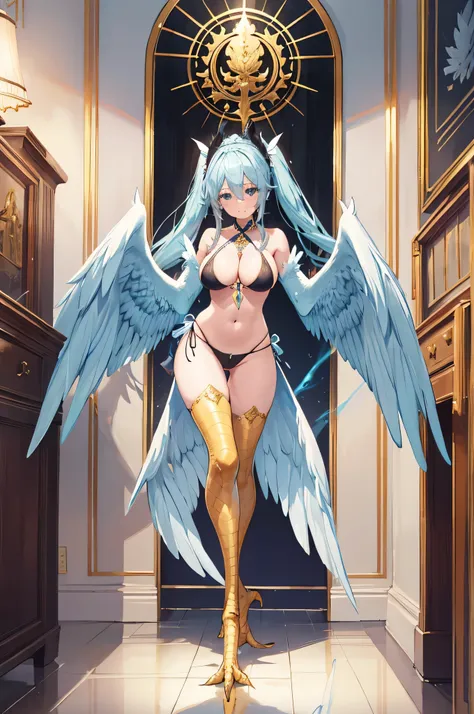 4k,High resolution,One Woman,Harpy,Light blue hair,Long Ponytail,Big Breasts,White Wings,Golden toenails,Queen,Black Bikini,High leg,Queen&#39;s Crown,Jewelry decoration