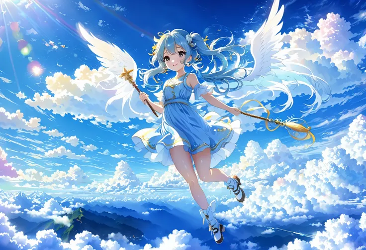 ((Super detailed)), ((Best illustrations)), ((Cinema Lighting)), Dynamic Angle, floating, (flash: 1.2), (Shine: 1.2), (Shine: 1.2), "(highest quality), Super detailed depiction of beautiful girls, Light blue long hair、Beautiful girl with twin tails、Angel w...