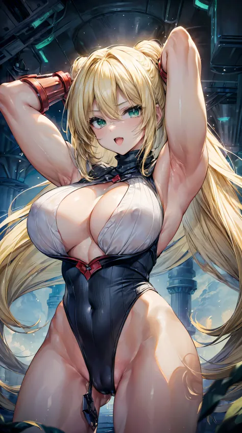 (One woman:1.5)、Very detailed、highest quality、Best image quality、masterpiece、8k、Glowing green eyes、Anime Face、A kind smile、(Open your mouth:1.2)、(Big Breasts:1.8)、(Long Blonde Hair:1.5)、(SFW Giant)、Cowboy Shot、(Muscles of the whole body)、(NSFW)、(arms up be...