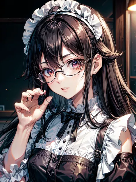 Full, high quality, high definition, (long black haired maid wearing glasses), (((comes to wake you up in the morning)))#quality(8k,Highly detailed wallpaper, masterpiece,High resolution,top-quality,top-quality real texture skin,Surreal,Increase the resolu...