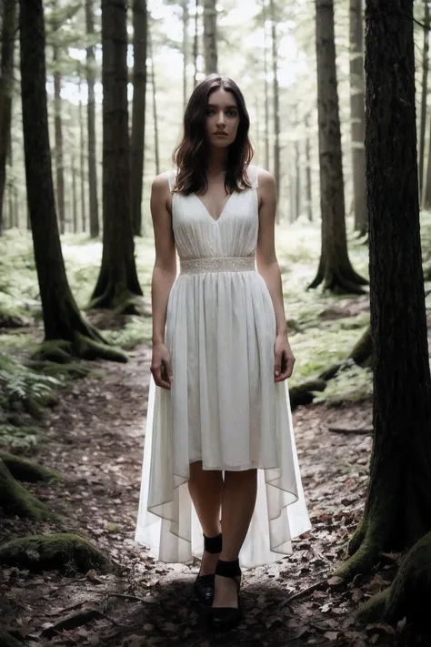 beautiful female dress , forest, shot on leica, shadowplay, gorgeous lighting, subtle hues,