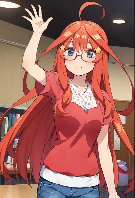 itsuki Nakano, itsuki wearing glasses, itsuki with eyeglasses, Official art、Beautifully Aesthetic:1.2)、patterns、Hair spreads throughout、4k, excellent quality, Ultra Detail, study room, eyeglasses, waving, --niji 5. Nakano itsuki from the quintessential qui...