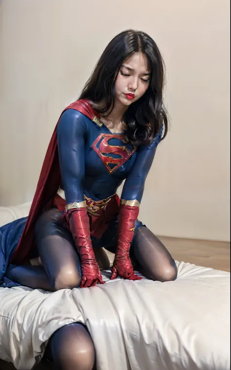 (((Make the most of your original images)))、(((Supergirl Costume)))、(((hang)))、(((close your eyes、Sleeping)))、((bra、weak legs))、(((Downward、Pushed down)))、((obtain))、((suffering))、((Doll condition))、((suffering))、(((Wear red gloves)))、(((Shiny black hair))...