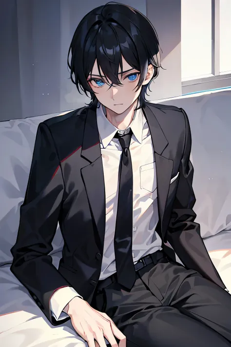 male, Meduim build, black hair, blue eyes, 170 cm tall, 20 years old, wearining white shirt, black blue tie, black pants.