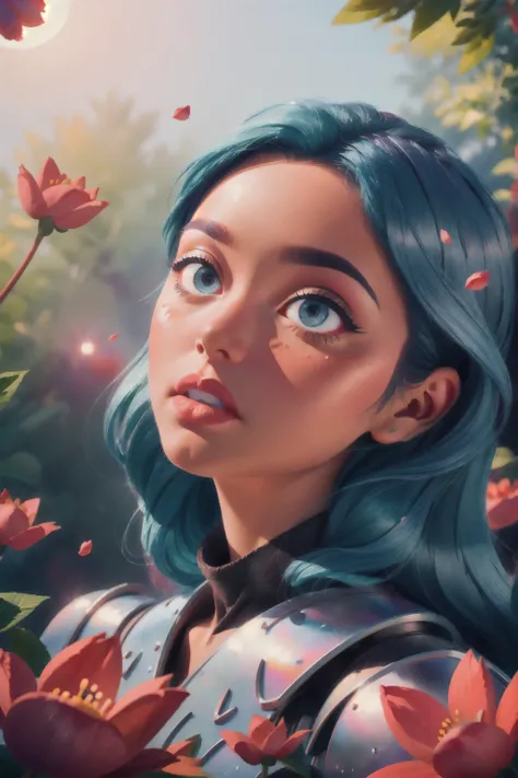 (masterpiece:1.4), (best quality:1.4), A beautiful girl with blue hair, with big blue eyes, in detailed metallic armor, knight armor, lips, makeup, side angle, natural pose, Dramatic lighting, sunlight, in the forest, depth of field, 3d animated cartoon, v...