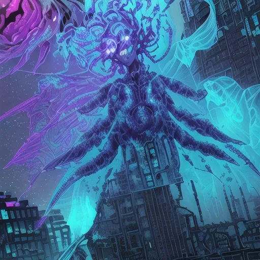 anime, msnga. (((closeup))), (((urban city environment))), (((diffuse colors))), (((rgb))), (((ultra detailed illustration of a diffuse hallucinatory man water spirit creature))), (((complex 3d projections of ghostly translucent fabric and glowing hollow c...