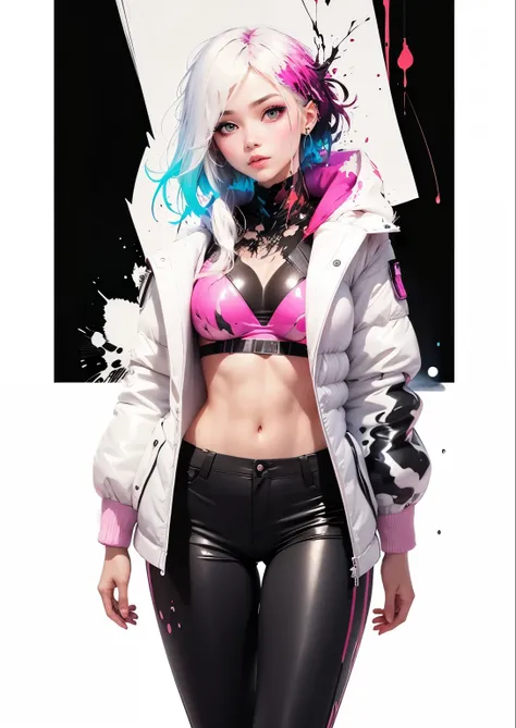 perfect body, sexy, white parka, Black pants, high detailed real skin, high quality skin, splash pink ink, splash blue ink, splash many color ink, artful, professional lighting, real shadow, masterpiece,