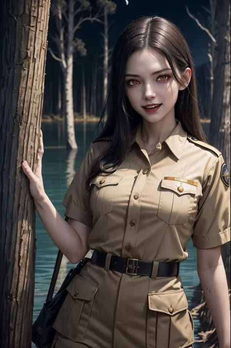 (((night, moonlight))) ((a deserted lake)) Vampire woman, (((red eyes and fangs))), pale skin, (((park ranger uniform, beige National Park uniform, short sleeves)))), (open mouth, blood on mouth), (evil grin), looking at viewer, (full figure), in lake sopp...