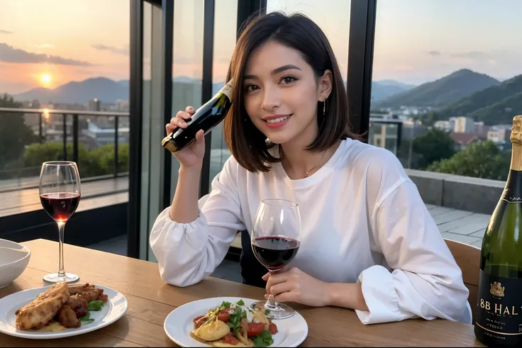 ((highest quality、8k、masterpiece:1.3))、1 male、1 female、spouse、Beautiful couple、smile、 (Slim face), (the body is スリム), (Brown Hair), (Shortcuts), ((Bob Hale、Straight hair:1.2)), テーブルの上のwine glass、Please shine a light on my face、 Amazing view of the sunset s...