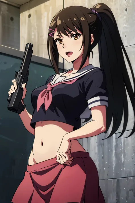 saechabashira, sae chabashira, long hair, (black hair:1.5), hair ornament, (brown eyes:1.3), ponytail, hairclip,
evil smile, blush, lipstick, fmasterpiece, best quality, highly detailed, a anime girls in sailor uniforms with a gun posing for a picture,
evi...