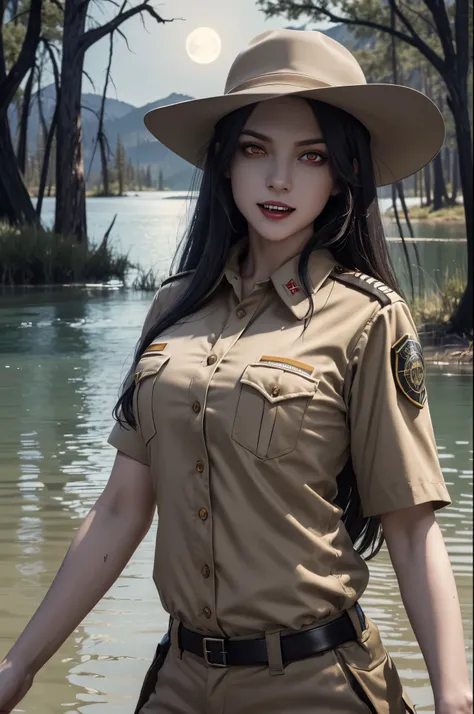 (((night, moonlight))) ((a deserted lake)) Vampire woman, (((red eyes and fangs))), pale skin, (((park ranger uniform, beige National Park uniform, short sleeves)))), (open mouth, blood on mouth), (evil grin), looking at viewer, ((full figure)), standing i...