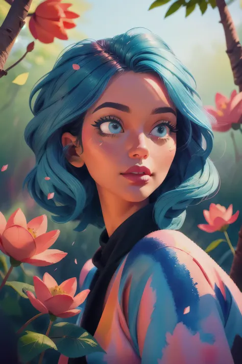 (masterpiece:1.4), (best quality:1.4), A beautiful girl with blue hair, with big blue eyes, in detailed metallic armor, knight armor, lips, makeup, side angle, natural pose, Dramatic lighting, sunlight, in the forest, depth of field, 3d animated cartoon, v...