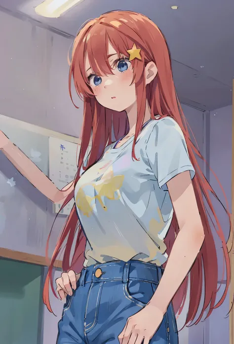 itsuki Nakano, skinny, slim, looking down, Official art、Beautifully Aesthetic:1.2)、patterns、Hair spreads throughout、4k, excellent quality, Ultra Detail, study room, perfect hands, perfect anatomy, --niji 5. Nakano itsuki from the quintessential quintuplets...