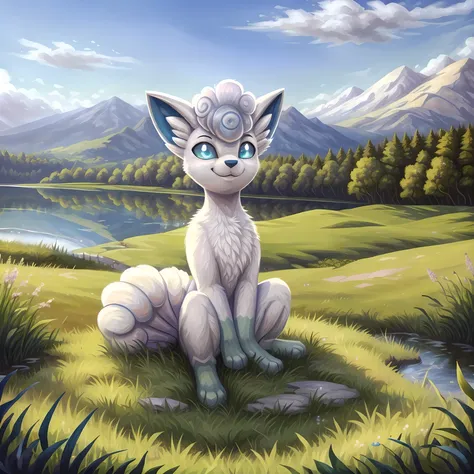 masterpiece, best quality, detailed, pov, 1girl, alola_vulpix, smug, sitting, grassy field, lake background, countryside distant...