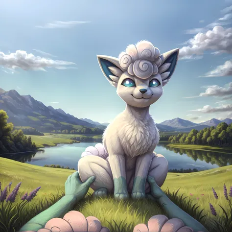 masterpiece, best quality, detailed, pov, 1girl, alola_vulpix, smug, sitting, grassy field, lake background, countryside distant...