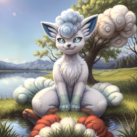 masterpiece, best quality, detailed, pov, 1girl, alola_vulpix, smug, sitting, grassy field, lake background, countryside distant...