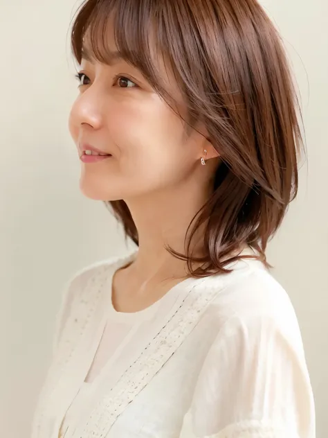 a thin japanese woman in her 40s, good wife, cute face, detailed face, fine grain, neat, short sleeve white shirt, early summer,...