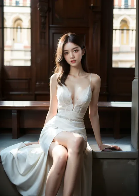 Beautiful 25 year old tall and slender woman。perfect legs. perfect face. She is fashion model. She is staying in the old classic church. She is wearing a wedding dress. Her one leg is visible and the other is hidden by the dress. She is illuminated by suns...