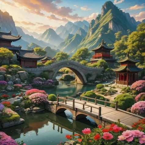 there is a painting of a china garden with a bridge and flowers, scenery artwork, dreamy china town, china 3 d 8 k ultra detaile...