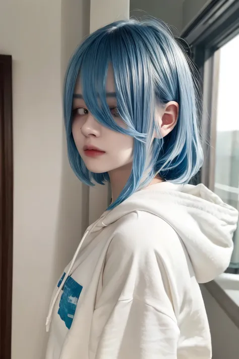 masterpiece, upper body, face portrait, 1girl, solo, blue hair, hair over eyes, indoors, cream colored hoodie