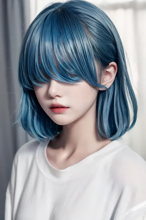 masterpiece, upper body, face portrait, 1girl, solo, blue hair, hair over eyes, indoors, white sweatshirt
