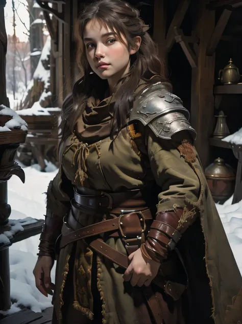 ((masterpiece、highest quality、Very detailed、High resolution、Sharp focus))、The most beautiful dungeons&Dragons artwork、Fantasy Female Dwarf、Short and chubby、Standing barefoot、Pointed Ears、Red round nose、Winter coat with leather belt around the waist、Leather...