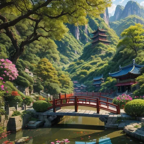 there is a painting of a china garden with a bridge and flowers, scenery artwork, dreamy china town, china 3 d 8 k ultra detaile...