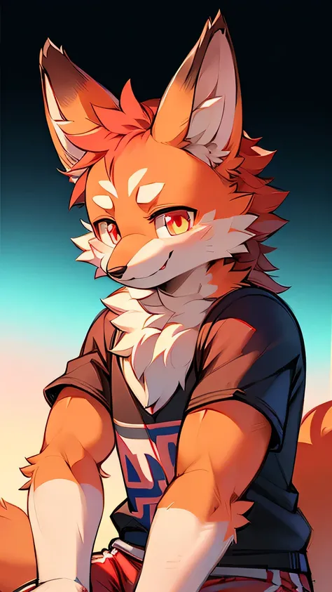 Hell Fox，male，（detailed），fluffy，solo，，Photorealism，（（Clear structural details）），Detailed and realistic，Delicate eyes，（turquoise pupils），（（Blood red glowing eyes）），Smile，Smile，slim，soft，4K，high quality，High detail two ears，Sports shorts，Facing you