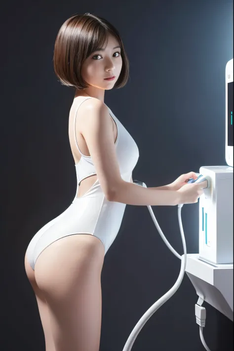 A  female android with a short bob and a baby face.、Wearing a white high leg leotard protector、Charging by inserting a cable into the charging port in the female genital area、Full body image、Large charging plug、