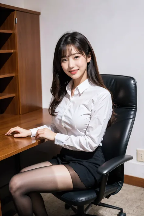 highest quality, Pieces fly, Realistic, High resolution, 8k RAW Photos,alone, One girl, 30 years old、sitting in an office chair、smile、Spread your legs wide、Black Stockings、Company uniform、High heels