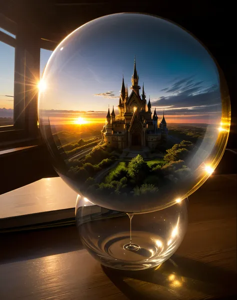 /I A glass sphere shape, filled inside with miniature landscapes fantasy with a giant coffee inside fantasy world; sunrise light creates for stunning pictures