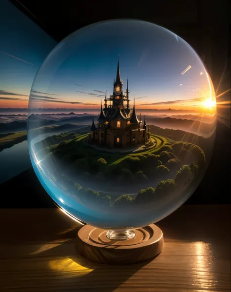 /I A glass sphere shape, filled inside with miniature landscapes fantasy with a giant coffee inside fantasy world; sunrise light creates for stunning pictures