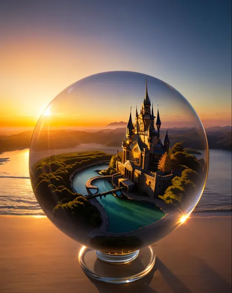 /I A glass sphere shape, filled inside with miniature landscapes fantasy with a giant coffee inside fantasy world; sunrise light creates for stunning pictures