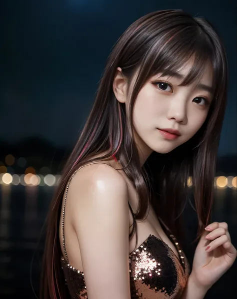 /I A Japan beautiful woman in a short sequin dress. Colorful lights reflect on the water droplets. She has long hair with red highlights, and her face is emphasized against a blurred background --ar 3:4  --style raw