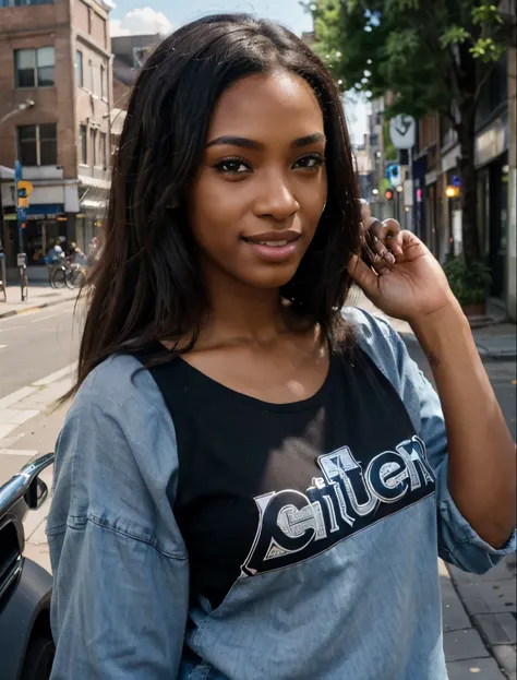 a beautiful ebony girl with detailed eyes, looking at viewer, detailed lips, smiling, long eyelashes, wearing a black shirt and blue jean shorts, looking towards the camera, standing on a city street with buildings, trees, and other elements in the backgro...