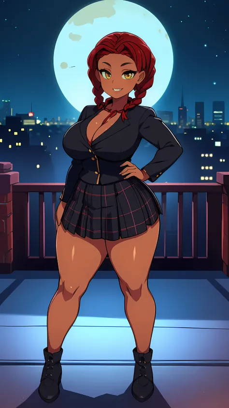 4K Quality, black woman, sexy smile, (black plaid skirt), standing up, ((black and red braids)), (dark skinned), thick thighs, big breasted, big ass, looking at viewer, amber eyes, night time, bedroom eyes, full body, city background, perfect face, perfect...