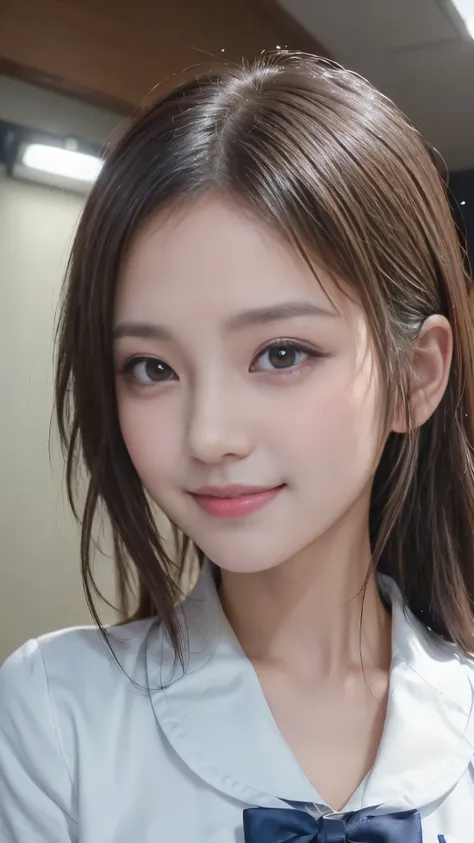 (((Close-up of a girls face, Focus on faces))), ((Beautiful girl in cute uniform)), ((Beautiful school girl, Baby Face:1.5, Idol Face:1.2)), ((Beautiful small face:1.2, Beautifully shaped nose, Moisturizing lips, Groomed eyelashes, double eyelid)), Beautif...