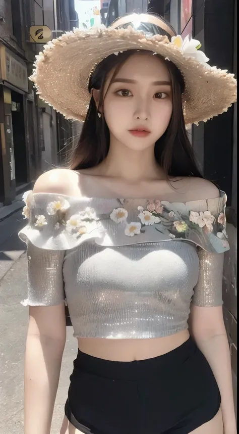 ((best quality, 8K, masterpiece: 1.3)), (Flower Hat: 1.3), focus: 1.2, Perfect body beauty: 1.4, Hips: 1.2, (Layered Hairstyle: 1.2)), (Dark Street: 1.3), Highly detailed face and skin textures, Upper Body, Delicateeyes, Double eyelids, Skin Whitening, lon...