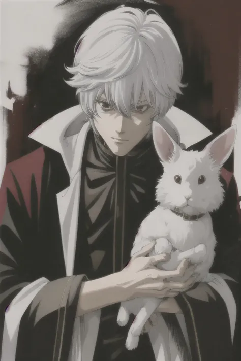 a picture of a royal anime man with white hair and red eyes, holding a rabbit's head in his hand, his expression is cold and rut...