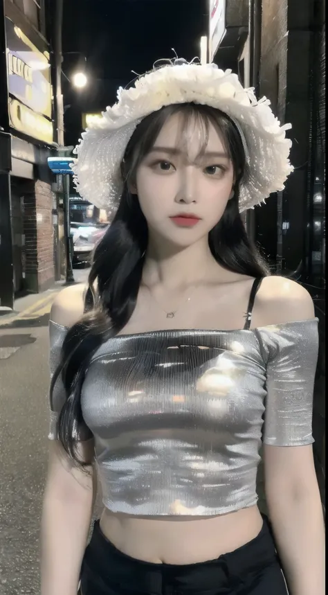 ((best quality, 8K, masterpiece: 1.3)), (Flower Hat: 1.3), focus: 1.2, Perfect body beauty: 1.4, Hips: 1.2, (Layered Hairstyle: 1.2)), (Dark Street: 1.3), Highly detailed face and skin textures, Upper Body, Delicateeyes, Double eyelids, Skin Whitening, lon...