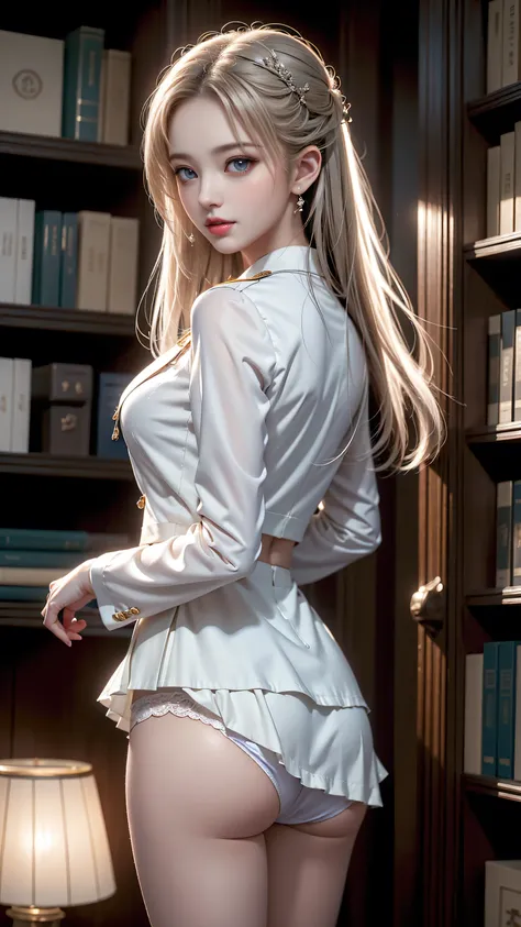 ((Standing in front of a bookshelf in a library))、((Rear view))、((look back)),Top quality work、Actual work、Ultra Premium Graphics、8K HD CG WORKS、High Quality Graphics、High resolution CG work、10x pixels、Ultra-fine details:1.1、High level of technical detail:...